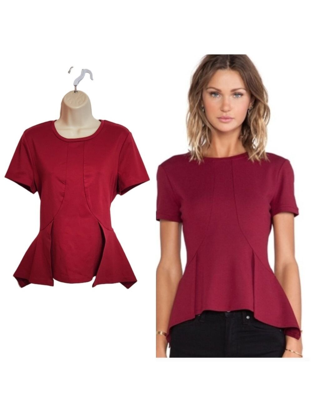 BCBG MaxAzria Red Peplum Ponte Knit Top Large